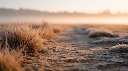Frosty grass path at golden sunrise