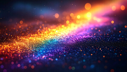 虹色に輝くグリッターとボケ光の抽象背景｜カラフルな光粒子と幻想的グラデーションが広がる華やかなイメージ