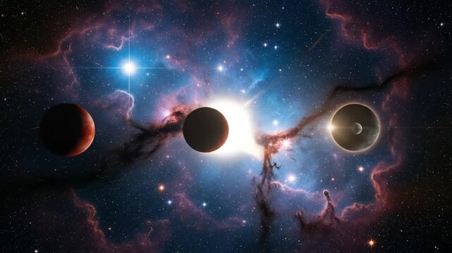 Three eclipses in a starry nebula, a cosmic phenomenon. 4k video