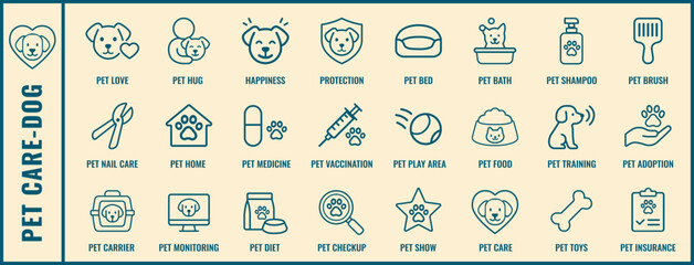Pet Care Line Icon Set for Dog &ndash; 24 Vector Pictograms for Veterinary and Animal Health