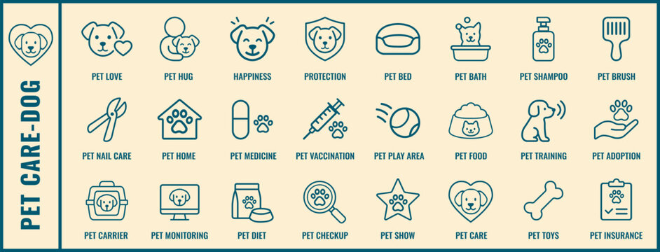 Pet Care Line Icon Set for Dog &ndash; 24 Vector Pictograms for Veterinary and Animal Health