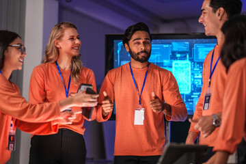 A young innovator in the near future, her smart glasses displaying an augmented reality presentation, smiles as she witnesses a breakthrough in immersive collaborative technology.