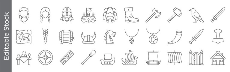 Medieval and viking adventure icon set &ndash; editable outline symbols of beard, braid, shield, horn, boat, map, chest and weapon