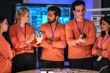 A young innovator in the near future, her smart glasses displaying an augmented reality presentation, smiles as she witnesses a breakthrough in immersive collaborative technology.