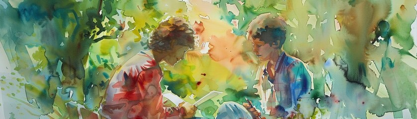 A watercolor painting of friends exchanging letters and sharing stories, capturing the charm and emotional connection of traditional communication methods