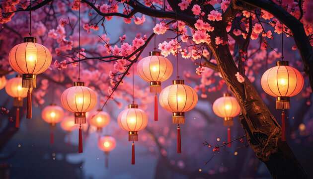 Many Chinese lanterns hanging from trees, vintage pendants, cherry blossoms, Chinese New Year celebration, soft pink and amber colors, space for writing a message. dark background