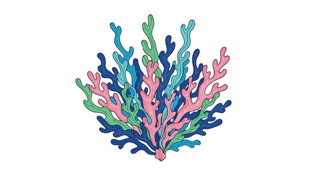 A vibrant and playful illustration of colorful branching coral formations in shades of blue pink and green against a stark white background