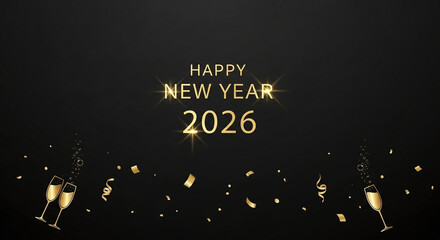 Happy new year 2026 celebration concept with elegant gold text and confetti, perfect for new years eve party invitations and decorations.
