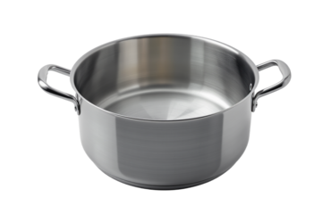 Large empty stainless steel cooking pot with two handles isolated on background.