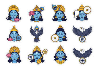 Set of Indian Deities Illustrations with Flowers and Birds Motifs
