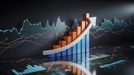 Financial growth chart with arrow pointing upwards indicates business success, presenting statistical data with bar graph visualizations and technology for achieving set objectives
