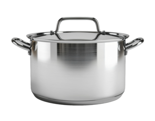 Large empty stainless steel cooking pot with two handles isolated on background.