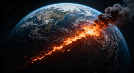 Meteor impact on Earth surface creates fiery explosion, debris, and atmosphere disturbance. Visualizes cosmic collision, destruction, and environmental danger.