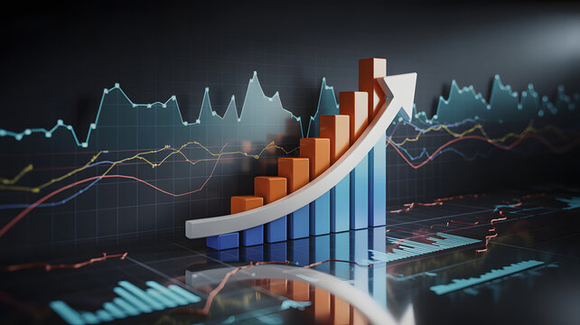 Financial growth chart with arrow pointing upwards indicates business success, presenting statistical data with bar graph visualizations and technology for achieving set objectives - Powered by Adobe