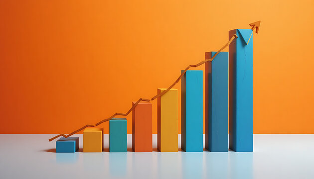 Colorful 3 D bar graph with rising trend line and arrow on orange background bars blue
