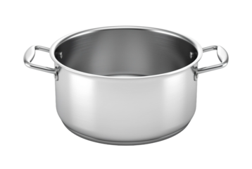 Large empty stainless steel cooking pot with two handles isolated on background.