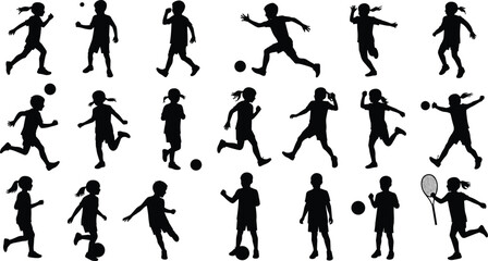 Children sports silhouette, athletic activity, running and playing, ball games, physical fitness, black vector art, dynamic motion, cad drawing flat vector illustration