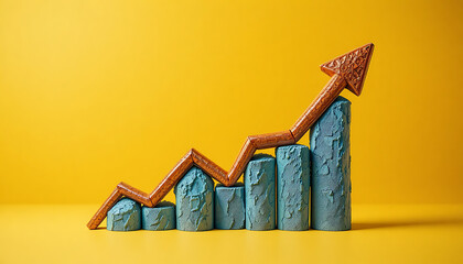 Blue textured bar chart with rising copper arrow on yellow background graph