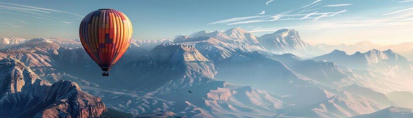 A whimsical 3D illustration of a hot air balloon floating over a mountain landscape