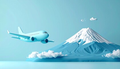 Blue Clay Airplane Flying Over Miniature Smooth Mount Fuji