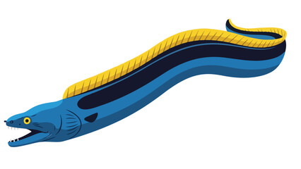Vivid illustration of a striking blue moray eel with a yellow dorsal fin and dark markings a captivating aquatic creature