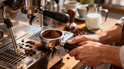 A barista prepares coffee using a professional espresso machine, grinding and tamping coffee grounds in a portafilter. Steam wand and milk pitcher are visible, indicating a café setting.