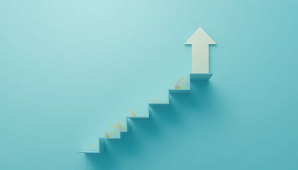 White arrow on teal stairs with gold confetti