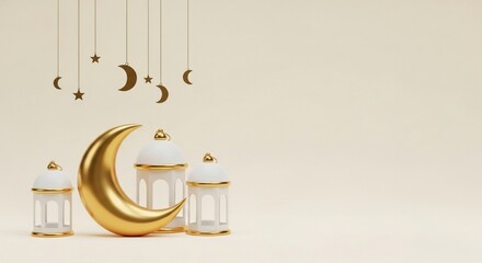 Ramadan moon and lantern decoration on soft beige background