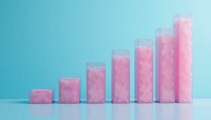 Pink cotton candy in clear plastic bar graph containers on blue background