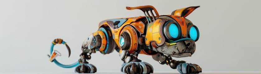 A whimsical 3D model of a robot dog with expressive eyes and wagging tail