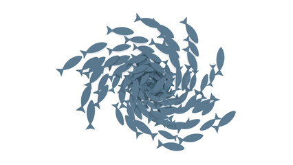 Fototapeta premium A unified school of small fish forming a dynamic swirling pattern against a stark white background