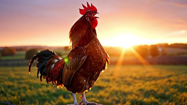 Rooster crowing sunrise over countryside farm field, rural landscape glowing golden light, dawn morning scene with cockerel silhouette, sunbeam backlight across meadow pasture barnyard, peaceful