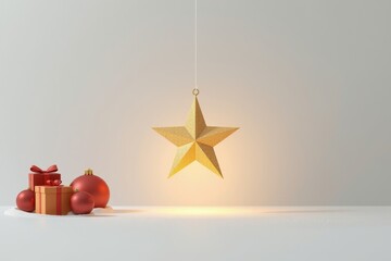 Golden Christmas ball ornament and star decoration illustration with a red ribbon bow on a festive holiday background for an Xmas card design.