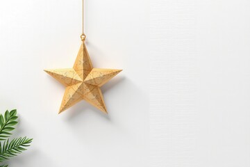 A minimalist Christmas card conveying elegance and simplicity, featuring a clean background with a single gold star decoration and a few small pine branches in the corner.