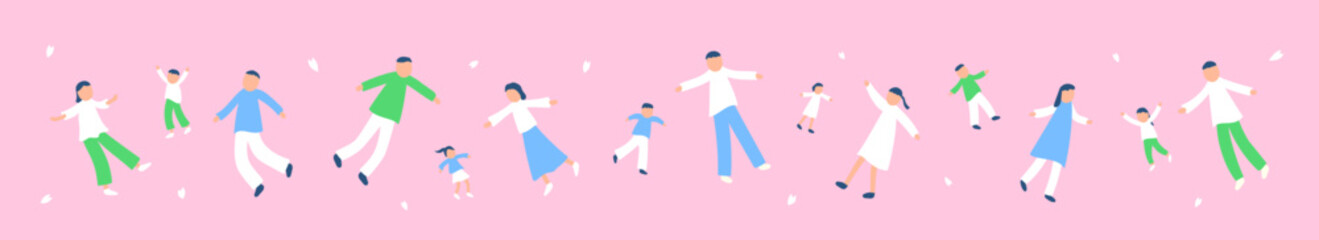 春の宙に浮かぶ人々のイラストセット