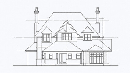 Front elevation architectural drawing suitable for real estate brochures, construction proposals, and architectural design presentations. Modern house design.