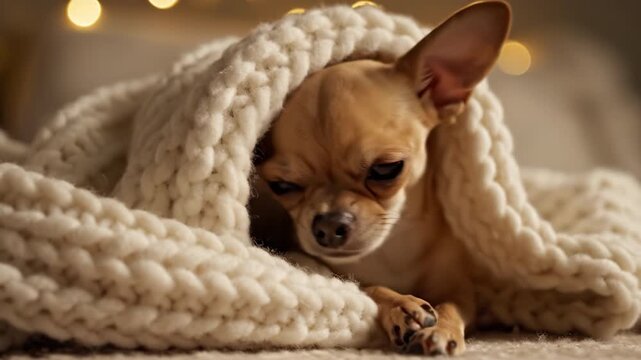 Cozy chihuahua puppy sleeping under warm knit blanket, small dog with soft texture beige fur, cute pet indoor comfort, dreamy bokeh lights and serene mood, peaceful winter nap cozy home atmosphere