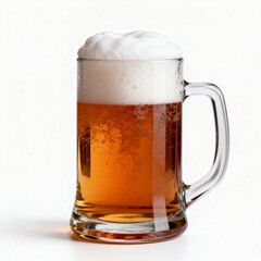 A clear glass mug filled with amber beer, topped with a thick, frothy head. The beer exhibits carbonation and bubbles, suggesting a cold, refreshing beverage perfect for relaxation.
