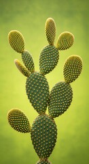 Prickly pear cactus with green pads on blurred background, desert plant close-up showing spines and texture, symbolizing resilience, arid nature, growth
