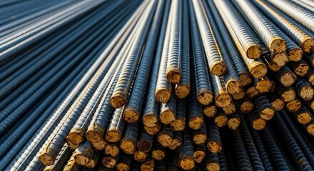 Steel reinforcement bars stacked in construction site, industrial metal rods for concrete structure, building materials concept representing strength, engineering, infrastructure
