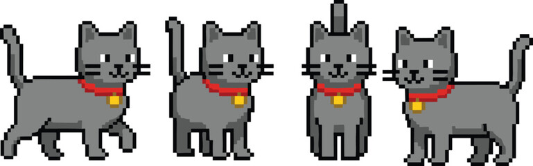 Cute gray pixel art cat animation set, walking sitting poses, retro game pet character sprites illustration