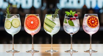 Colorful gin cocktails lined up at bar counter, assorted botanical drinks with citrus and herbs, vibrant mixology scene symbolizing nightlife, celebration, summer refreshment
