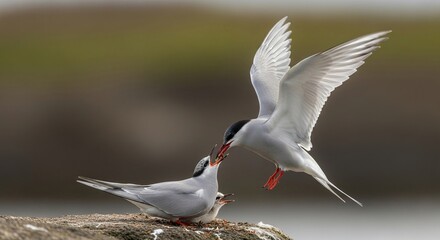 White terns mating on sandy ground, graceful seabirds with wings spread in coastal habitat, intimate wildlife behavior scene symbolizing nature, bonding, reproduction

