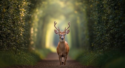 Majestic deer standing on forest path with sunlight rays, wild stag in green woodland tunnel, serene nature scene symbolizing strength, solitude, wilderness beauty
