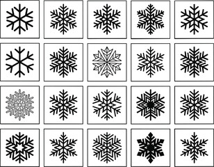 Black snowflake icons grid set, winter holiday symbols collection for Christmas decoration, cold season minimalist design elements, vector illustration