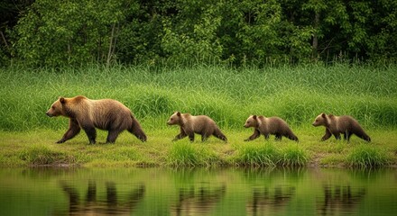Brown bears walking along riverbank in green forest, mother bear with cubs crossing water together, wildlife family scene symbolizing nature, protection, survival

