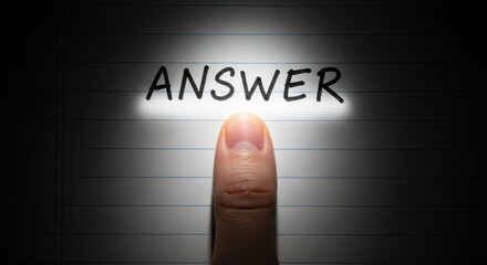 Finger pressing answer button on illuminated surface, decision making concept with human touch selecting solution, choice, response, problem solving idea
