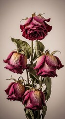 Wilted dried roses bouquet against neutral background, faded flowers with curling petals in vintage still life, symbolizing decay, nostalgia, loss, time passing
