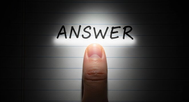 Finger pressing answer button on illuminated surface, decision making concept with human touch selecting solution, choice, response, problem solving idea
