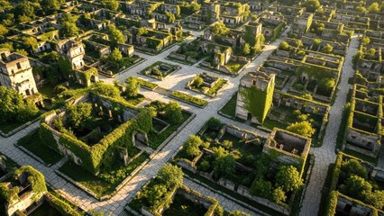 Overgrown abandoned city with lush green vegetation taking over ancient structures, showcasing a forgotten urban landscape